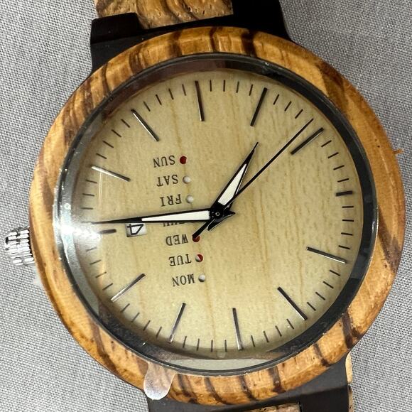 The Wood Forest Nova Wooden Wrist Watch -Tan Ebony-Zebra Wood-Men Watch-Big Face - Picture 3 of 12
